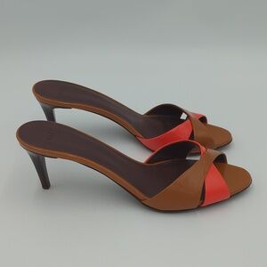 Hazy Orange Patent Leather Heel Sandals Orange Brown Round Toe 9.5 Made in Italy